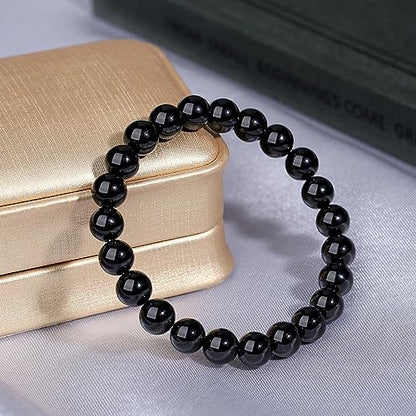 MAIBAOTA Healing Crystal Bracelet for Women Men, 8/4 mm Natural Stone Beaded Bracelets, Jewelry Birthday Gifts, Round Gemstones Stretch Bracelets - color: Black-Obsidian, size: 8 mm