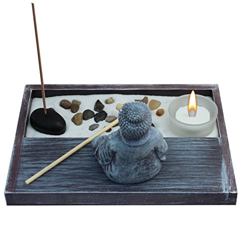 Zen Garden Deluxe Desk Meditation Garden Grey Buddha Statue with Rocks, Tea Light Holder, Rake, Incense and Incense Holder, Sand and Base - Peace & Tranquility (Candle Not Included)