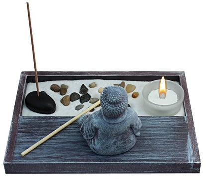 Zen Garden Deluxe Desk Meditation Garden Grey Buddha Statue with Rocks, Tea Light Holder, Rake, Incense and Incense Holder, Sand and Base - Peace & Tranquility (Candle Not Included)