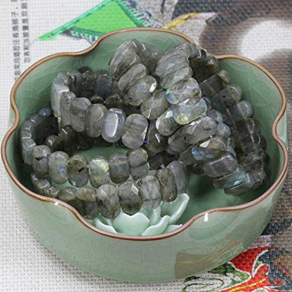 Keleny Semi Precious Stones 14mm Faceted Oval Beads Crystal Rock Elastic Bangle 7.5 Inch - color: Grey Labradorite