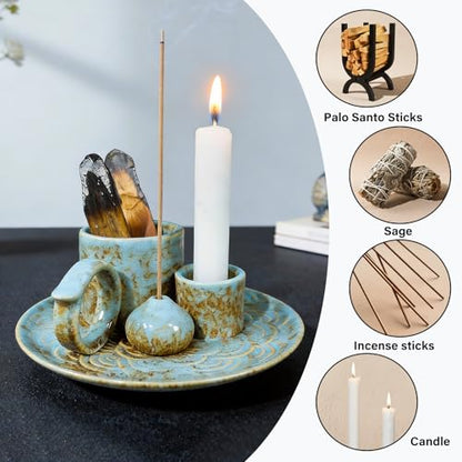 4-in-1Blue Ceramic Palo Santo Burner Holder - Small Incense Burner & Smudge Tray Bowl for Incense Sticks/Cones & Sage - Ideal for Meditation Rooms,Zen and Aromatic Scents - Matches Compatible - color: Palo-incense-dish-blue