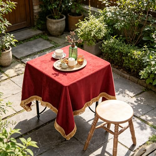Velvet Tablecloth Luxurious Red Rectangle Table Tablecloth Thickset with Luxurious Gold Tassels Table Cloth for Home Decor Christmas Wedding, Party, Banquet and Events 36X36inch