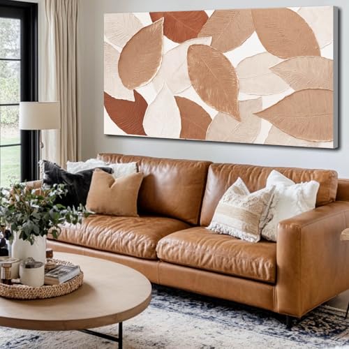Ocevarin Fall Wall Art Leaves Painting Beige Canvas Modern Neutral Wall Decor Earth Tone Textured Artwork for Living Room Dining Room Kitchen 24"x 48"