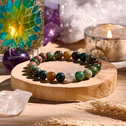 Bivei 8mm Beaded Bracelets for Women Handmade Semi Precious Natural Stone Stretch Elastic Jewelry Yoga Protection Gifts - color: Indian Agate-Ancient Calm, size: Medium 6.8-7.3 inch