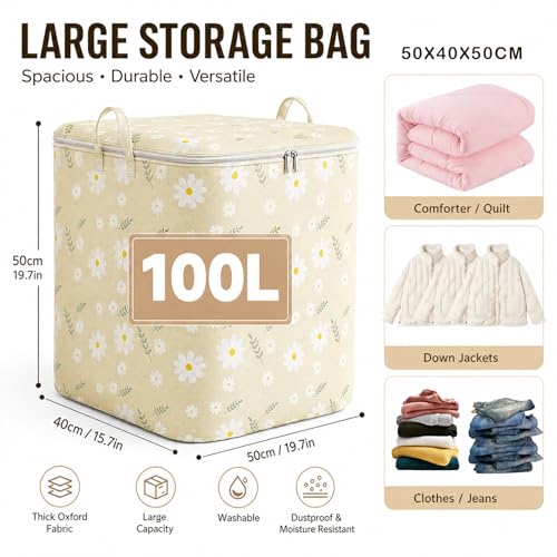 100L Large Comforter Storage Bag, Foldable Non-Woven Clothes Organizer Bag, Portable Moving Bags with Handles for Clothing, Blanket, Quilts, Pillows - size: 100L