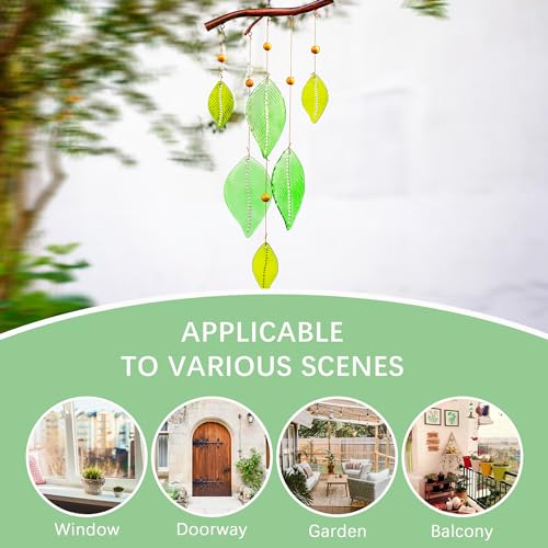 Glass Wind Chimes for Outside,Unique Handmade Windchimes Outdoors with Stained Glass Leaves for Home Window Garden Yard Patio Decor Ornament for Christmas Tree,Green 20"