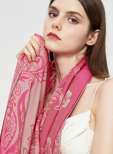 Pashmina Shawl Wrap with Ethnic Paisley Two Tone Jacquard Scarf for Women - color: Paisley-fuchsia