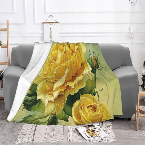 Flannel Throw Blanket 40x30 Inch, Yellow Rose Prints Anti-Pilling Warm Fuzzy Blankets for Bed Sofa Couch Travel - color: Yellow Rose, size: 40x30 Inch