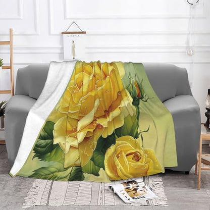 Flannel Throw Blanket 50x40 Inch, Yellow Rose Prints Anti-Pilling Warm Fuzzy Blankets for Bed Sofa Couch Travel - color: Yellow Rose, size: 50x40 Inch