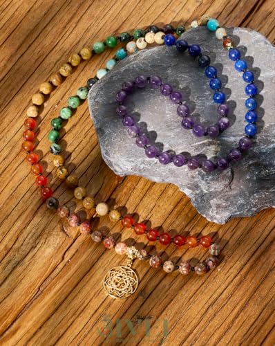 Bivei 7 Chakra 108 Mala Beads Bracelet Real Gemstone Yoga Meditation Hand Knotted Mala Prayer Bead Necklace - size: 6mm, style: Round Lotus OM - 7 Chakras