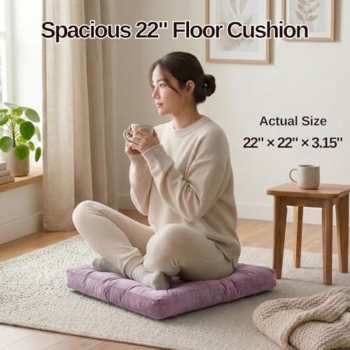 Meditation Cushion Set of 2, Floor Cushions for Adults, Velvet Floor Pillows for Sitting, Tufted Seat Cushions for Yoga, Living Room, Bedroom & Reading Nook, Machine Washable, 22 x 22 Inch, Lavender