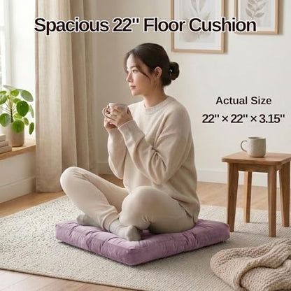 Meditation Cushion Set of 2, Floor Cushions for Adults, Velvet Floor Pillows for Sitting, Tufted Seat Cushions for Yoga, Living Room, Bedroom & Reading Nook, Machine Washable, 22 x 22 Inch, Lavender