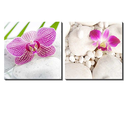 wall26 Two Piece Canvas - Pink Orchid Flowers on White Rocks on 2 Panels - Canvas Art Home Art - 12x12 inches - color: Pink Orchid Flowers, size: 12" x 12" x 2 panels