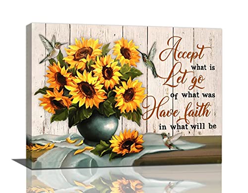 Farmhouse Sunflower Wall Art Country Sunflower Hummingbird Pictures Wall Decor Rustic Sunflower Canvas Painting Modern Artwork Home Decorations for Bathroom Dining Room Kitchen Bedroom Office Framed - color: Sunflower Have Faith, size: 16"L x 12"W