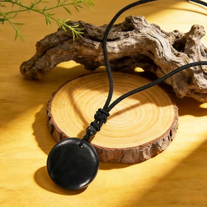 Shungite Stone Necklace for Women, Round Shungite Pendant Amulet Meditation Necklace, Black Circle Pendant Protection Crystal Healing Necklace Spiritual Gifts for Mother Mom