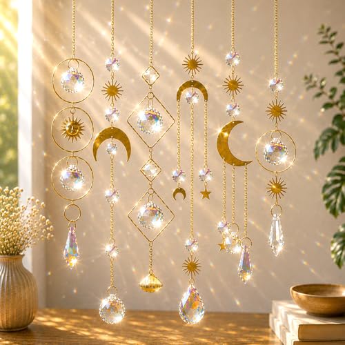 6Pieces Colorful Crystals Suncatcher Hanging Sun Catcher with Chain Pendant Ornament Crystal Balls for Window Home Garden Christmas Day Party Wedding Decoration - color: Gold
