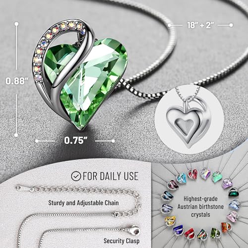 Leafael Gift Necklaces for Women, Infinity Love Birthstone Heart Crystal Pendant, Birthday Anniversary Jewelry for Wife, Mom, and Her, Silver Plated, 18" + 2" Adjustable Chain - color: 08b-August-Light Chrysolite Green