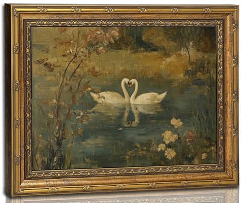 VASORASUE Vintage Gold Framed Swan Canvas Wall Art,Rustic Romantic-Retro Farmhouse Animal Decor for Bedroom Living Room 16"x24" - color: Swan, size: 24"L x 16"W