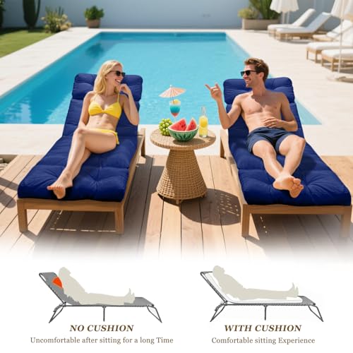 Outdoor Chaise Lounge Chair Cushion 75.1 x 23.6 x 4.7in, Waterproof Replacement Cotton Patio Thickened Pool Lounge Chair Cushion with Ties for Patio Outdoor Furniture,Navy Blue - color: Navy Blue