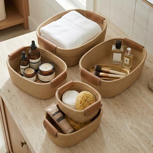 Beautiful Storage Basket Set of 5 - Sturdy Jute Rope Baskets for Shelves Are Perfect for Organizing Your Home - Quality Storage Bins Easily Fit With Any Nursery or Bedroom Decor - color: Jute Brown