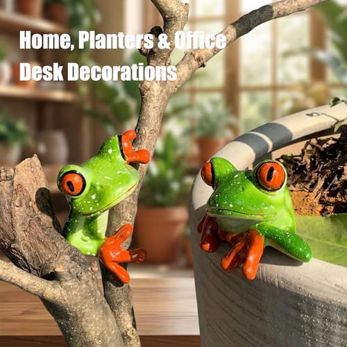 2 PCS Funny Resin Frogs Decor, 3D Creative Craft Frog Gifts Cute Frog Figurine Computer Monitor Plant Pot Office Desk Decor Personalized Car Dashboard Decorations Rearview Mirror Accessories