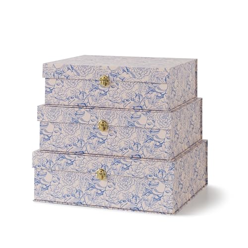 Soul & Lane Blue and White Floral Cardboard Decorative Storage Boxes with Gold Hardware - Set of 3, Aviary Garden - Stacking Boxes with Lids for Home Decor and Organizing, Elegant Design - color: Aviary Garden