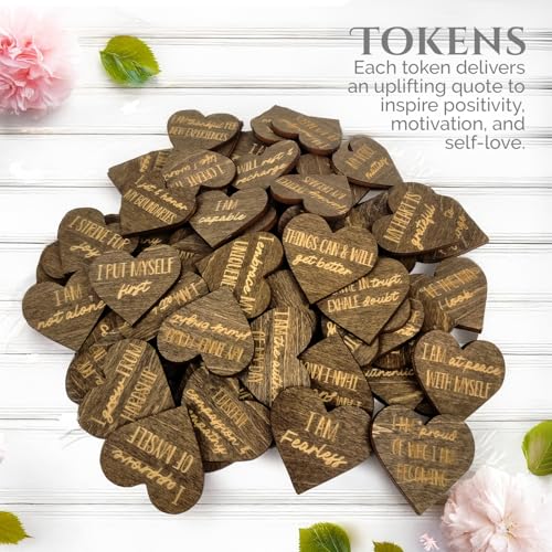 Positive Affirmations Box | Moon Phase Themed Engraved Wood Box with 72 Positive Affirmation Heart Cutouts | Daily Motivational Gift for Women - style: Moon Phases & Affirmations
