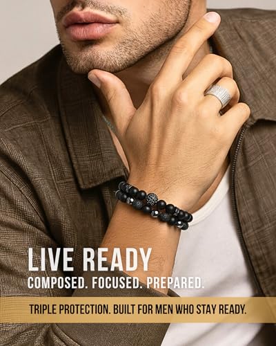 Men's Triple Protection Bracelet Set – Black Obsidian, Hematite & Lava Stone Beaded Bracelets with Cross for Strength & Grounding