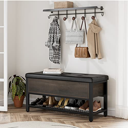 HOSTACK Storage Bench, Entryway Shoe Bench with Flip-Open Storage Box, End of Bed Ottoman Bench with Storage Shelf and Padded Seat for Bedroom, Hallway, Dark Brown