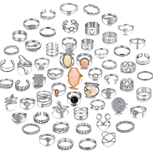 60 Pcs Gold Stacks Ring Sets for Women Non Tarnish, Dainty Vintage Stackable Rings Pack, Finger Midi Knuckle Rings for Jewelry Gift - color: silver-60pcs