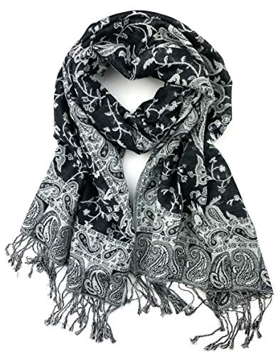 Plum Feathers Tapestry Ethnic Paisley Pattern Pashmina Shawl Scarf, Womens Pashmina Shawl Wrap with Fringes - color: Black Floral Paisley