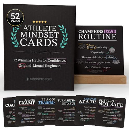 Athlete Motivation Cards – 52 Athlete Mindset Cards for Confidence, Mental Toughness & Discipline – Daily Motivation for Athletes & Coaches – Includes Wooden Display Stand - style: Athlete Mindset