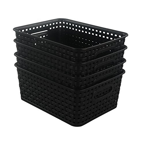 Morcte Black Plastic Storage Basket Bins Organizer, 4-Pack - color: Black, size: 10.16" x 7.72" x 4.3"