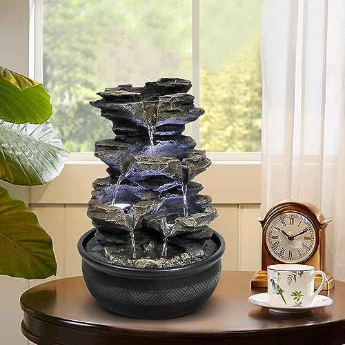 15.7” High Rock Falls Tabletop Water Fountain with LED Lights - Indoor 5-Tier Cascading Fountain for Home and Office Decor (Gray_3, 15.7" high) - color: Gray_3, size: 15.7" high