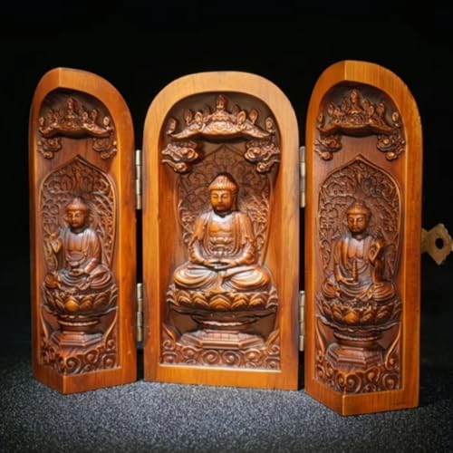 Retro Boxwood Carved Three Open Buddha Box Statue Antique Wood Sculpture, 10cm 3.9in, Home Room Office Decor