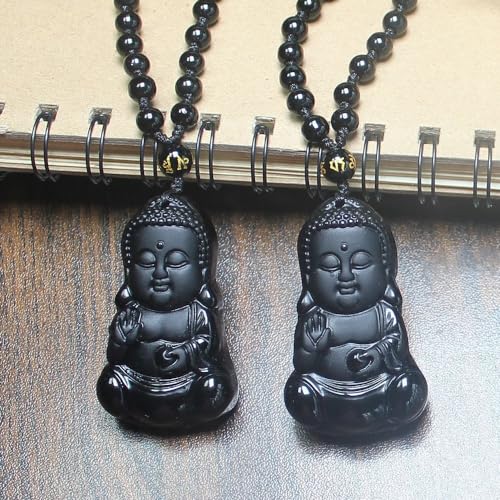 Natural black obsidian rainbow obisidan ice obsidian Maitreya launghing buddha necklace Amulet pendant bead chain - color: black obsidian baby buddha