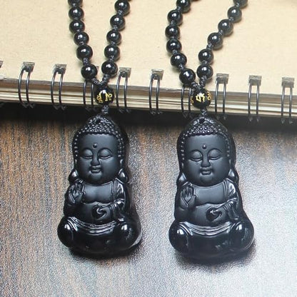 Natural black obsidian rainbow obisidan ice obsidian Maitreya launghing buddha necklace Amulet pendant bead chain - color: black obsidian baby buddha