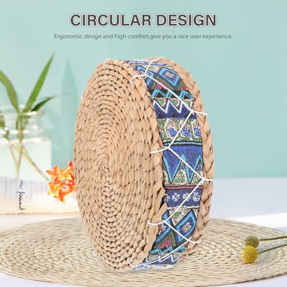 ABOOFAN Meditation Floor Cushion Straw Woven Round Seat Pad 30cm Diameter X 7cm Height Blue Husk Cushion for Yoga, Tatami, Balcony, Indoor Sitting