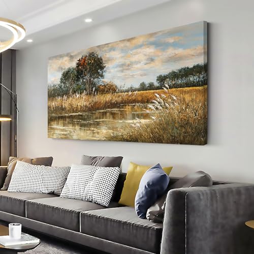 ZESTRILIA Wilderness Meadow Canvas Wall Art Wildflower Field Tree Oil Painting Reproduction Print Rustic Retro Vintage Artwork Landscape Picture for Country Farmhouse Living Room Bedroom (20x40inch) - color: Yellow Meadow Wall Art S049, size: 40"L x 20"W