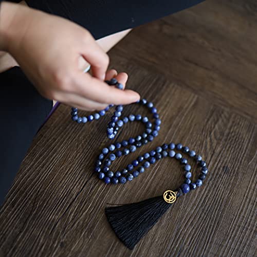 COAI OM Charm Hand Knotted Tassel 108 Mala Beads Necklace - color: Faceted Sodalite, size: 8mm