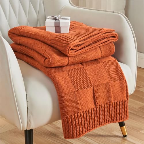 CozeCube Check Knit Throw Blanket, Rust Orange Checkered Throw for Couch, Decorative Christmas Soft Cozy Warm Knitted Blanket for Bed Sofa Living Room, 50"X60" - color: Rust Orange, size: 50"X60"