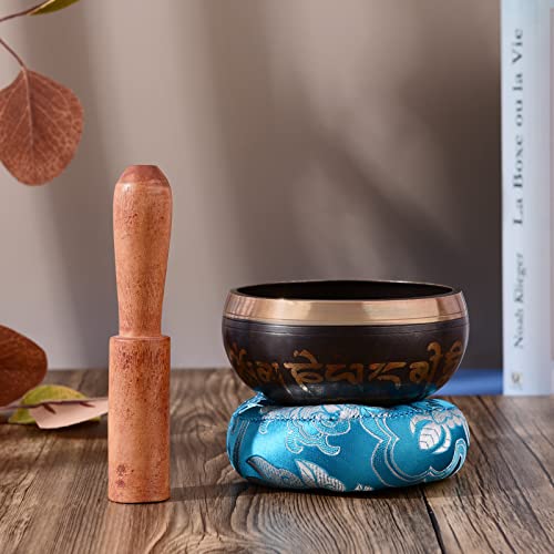Tibetan Singing Bowl Set with 8.5cm/3.3inch Handmade Metal Sound Bowl & Soft Cushion(Random Color delivery) & Wooden r for Meditation Sound Chakra Healing Yoga Relaxation