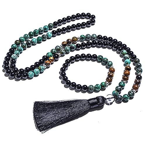 108 Mala Prayer Beads Necklace 8mm Natural Stones Meditation Yoga Jewelry Sets 108 Hand Made Japa Mala Beaded Long Tassel Necklace with Tassel Pendant for Men and Women - color: Tiger Eye+African turquoise+Black Onyx