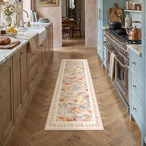 2x5 Washable Runner Rug Beige Pink Floral Abstract Hallway Kitchen Throw Rug Modern Non Slip Soft Low Pile Carpet for Bathroom Laundry Bedroom Living Room - color: Floral | Pink Beige, size: 2' x 5' (Runner)