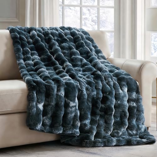 EverGrace Ultra Soft Luxury Fluffy Faux Rabbit Fur Throw Blanket, Thick Warm Bubble Throw for Bed, Cozy Plush Reversible Blankets for Couch, Chair, Sofa, Marble Deep Indigo, 60x80 Inches - color: Deep Indigo Marble, size: 60"x80"
