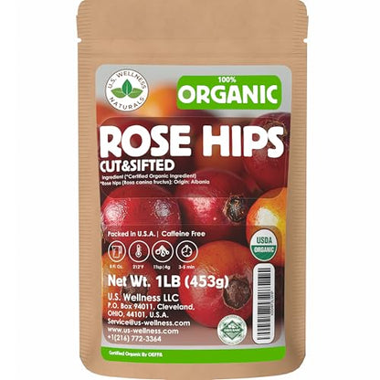 Rose Hips Tea - 1 LB (16 oz) | Real Wild Harvest | 100% USDA Certified Organic | Cut and Sifted Albanian Rose Hips Shells | Aroma-Rich Seedless Rosehip (rosa canina fructus) | By U.S. Wellness Naturals