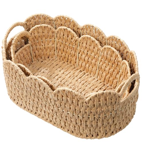 Paper Rope Scalloped Basket Set of 2,Woven Storage Baskets for Shelves,Laundry,Towels,Clothes,Books,Toys,Cute Decor Baskets for Organizing,Natural Color - color: Natural