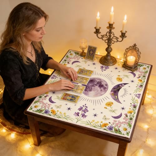 Tarot Altar Cloth Moon Phases and Wildflowers Print Card Table Tablecloth Plants Tablecloth with Tarot Bag for Reading Rituals Crystals Spiritual Divination Witchcraft Supplies - color: Moon Phases and Wildflowers