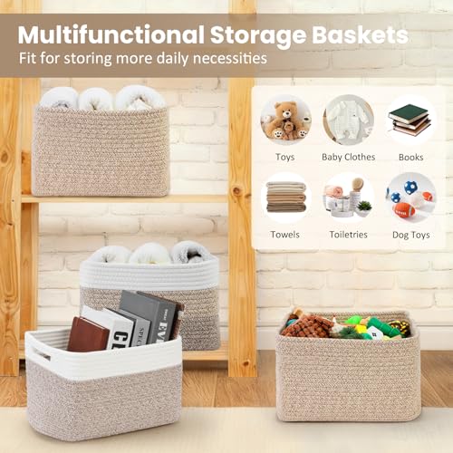 Optish 4 Pack Woven Basket for Storage, Basket for Organizing and Shelves, Rope Storage Basket for Toys, Towels, Books, Clothes, Baskets for Gifts Empty, 12.7'' X 8.3'' X 7.1'', White & Brown