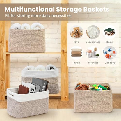 Optish 4 Pack Woven Basket for Storage, Basket for Organizing and Shelves, Rope Storage Basket for Toys, Towels, Books, Clothes, Baskets for Gifts Empty, 12.7'' X 8.3'' X 7.1'', White & Brown